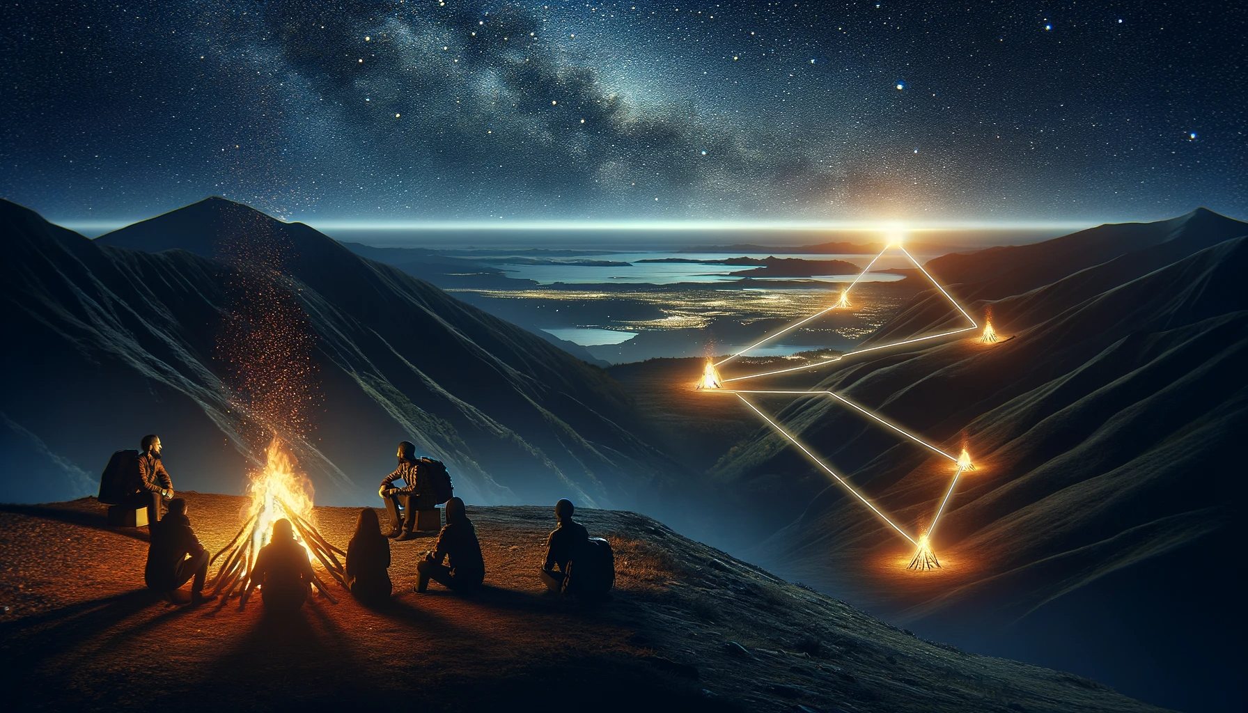 La ilustración muestra una idea de lo que podría haber sido la demostración real de la comunicación por hogueras entre collados y clanes en la prehistoria del valle. Por Eduardo Mur / DALL·E 3